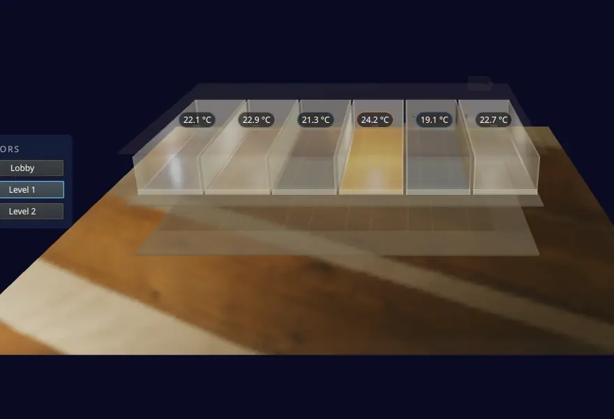 Project 1, the BMS Floor Viewer, as chapter 6 leaves it: the camera riding between storeys, each one fading as the camera leaves it, and every room coloured by its temperature. Played at five times speed.